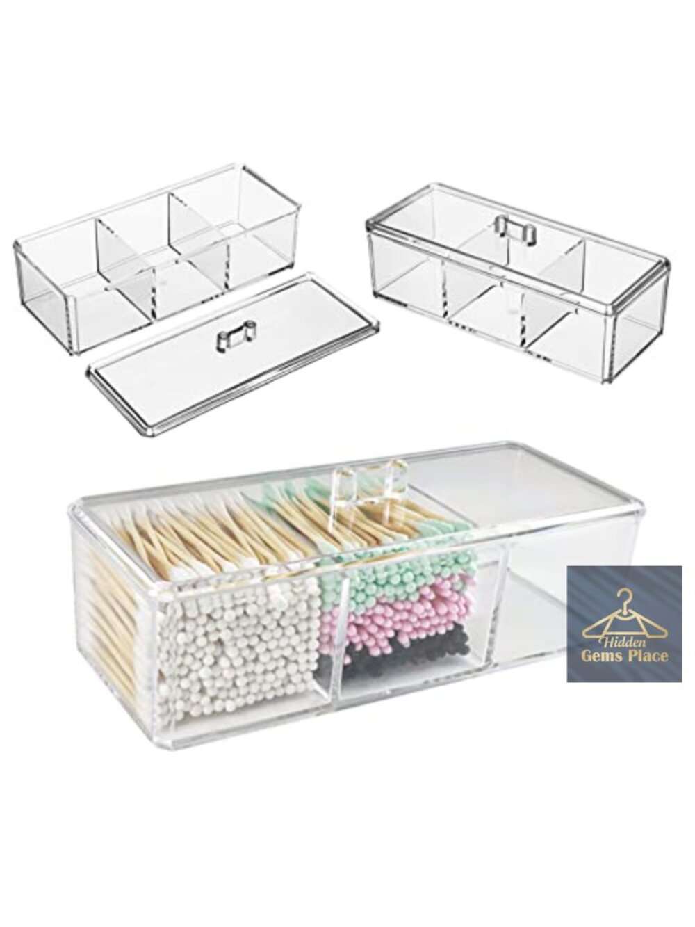 Clear Acrylic Cotton Ball Swab Holder with Lid, 3 Compartments, Waterproof
